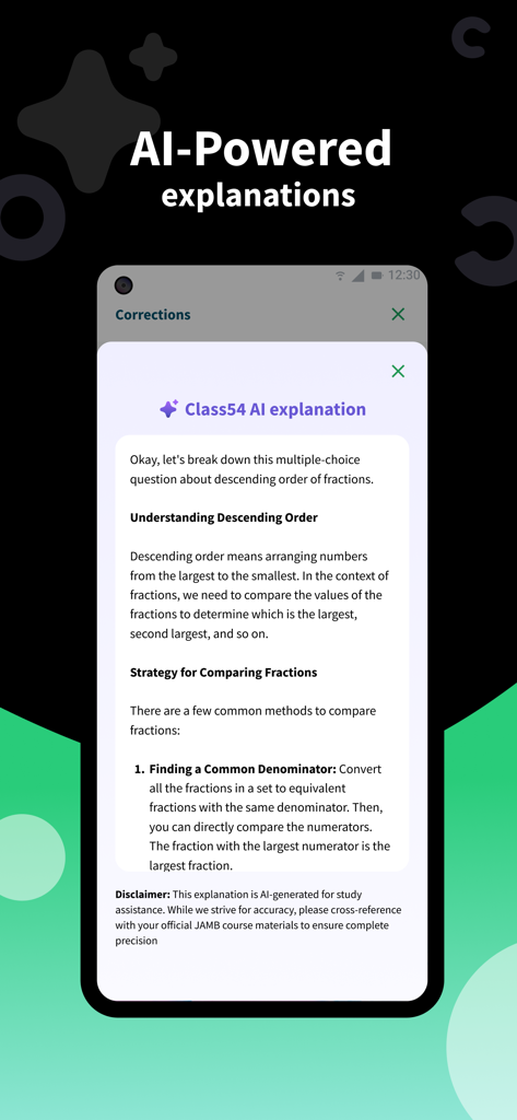 Class54 - JAMB CBT 2026 - Pantalla de la aplicación Class54 que muestra una explicación impulsada por IA para una pregunta de matemáticas sobre el orden descendente de las fracciones.