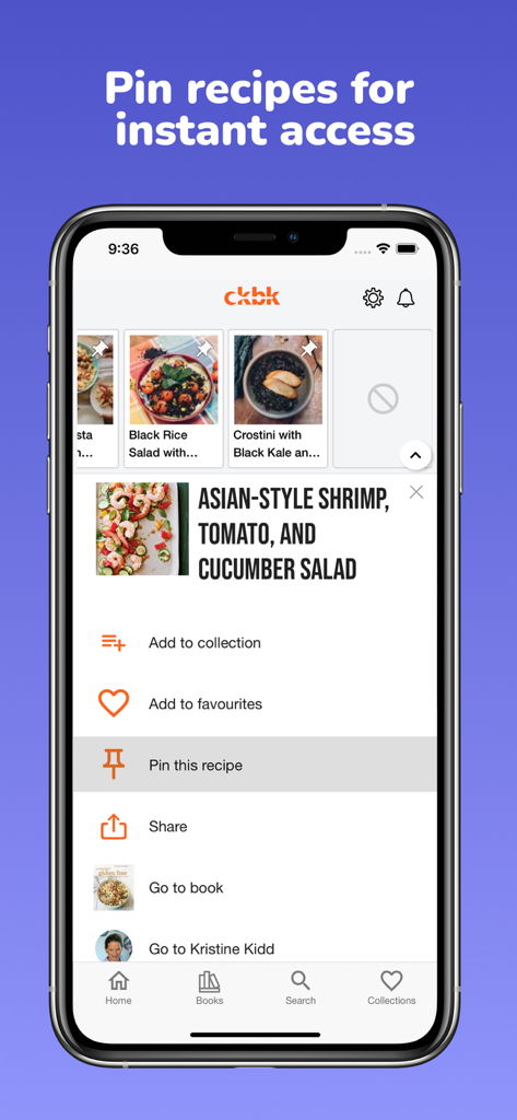 ckbk: discover great cookbooks - Interface of the ckbk app displaying the pin recipes feature for quick access to culinary content.