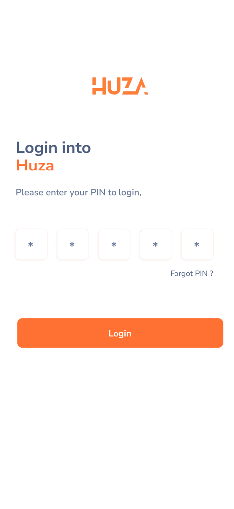 Huza HR - Huza HR app login screen showing a five digit secure PIN entry for employee access.