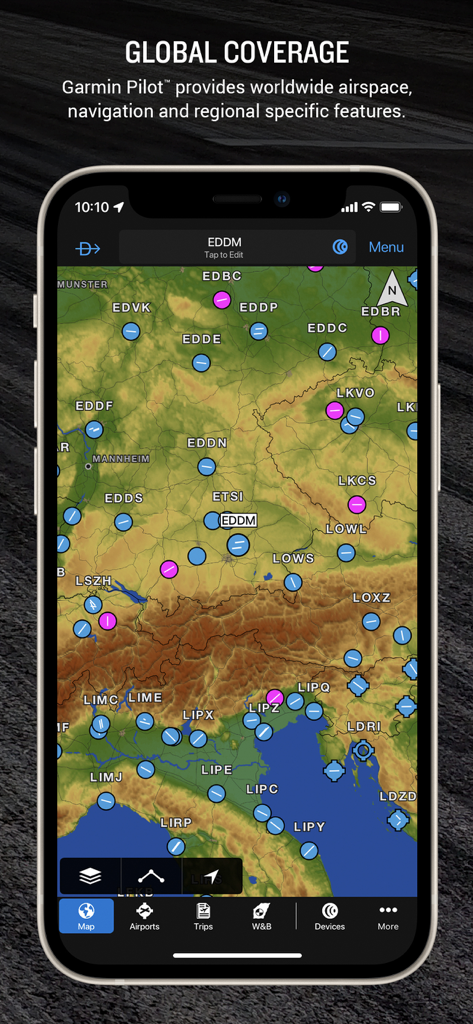 Aplicativo Garmin Pilot mostrando o espaço aéreo mundial e o mapa de navegação em um smartphone.