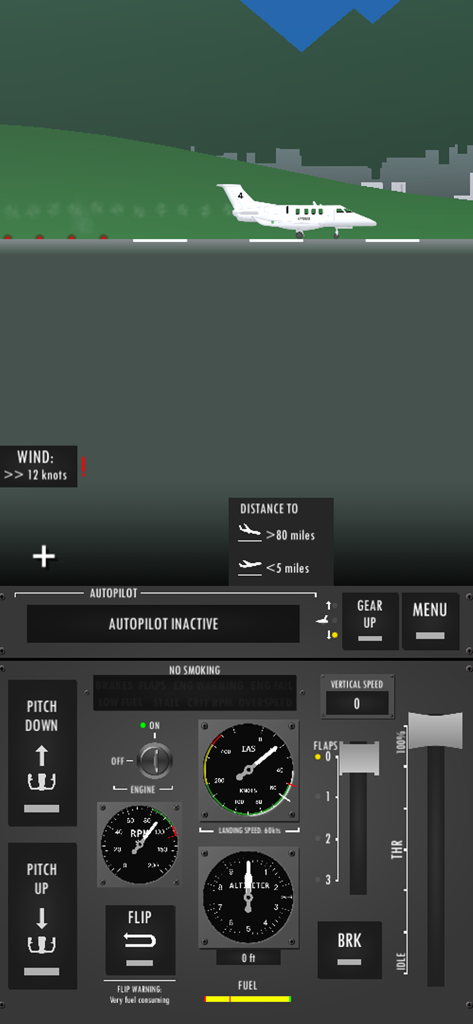 A 2D flight simulator gameplay screen showing a white aircraft on a runway with detailed cockpit controls and flight instruments