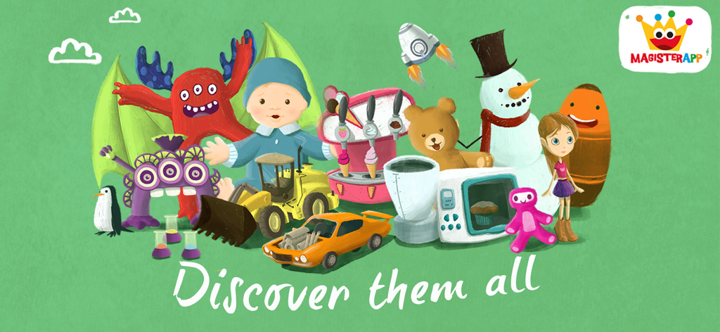 Surprise Easter Games for Baby - A collection of colorful toys and characters including a snowman, rocket, and car from the Surprise Easter Games app.