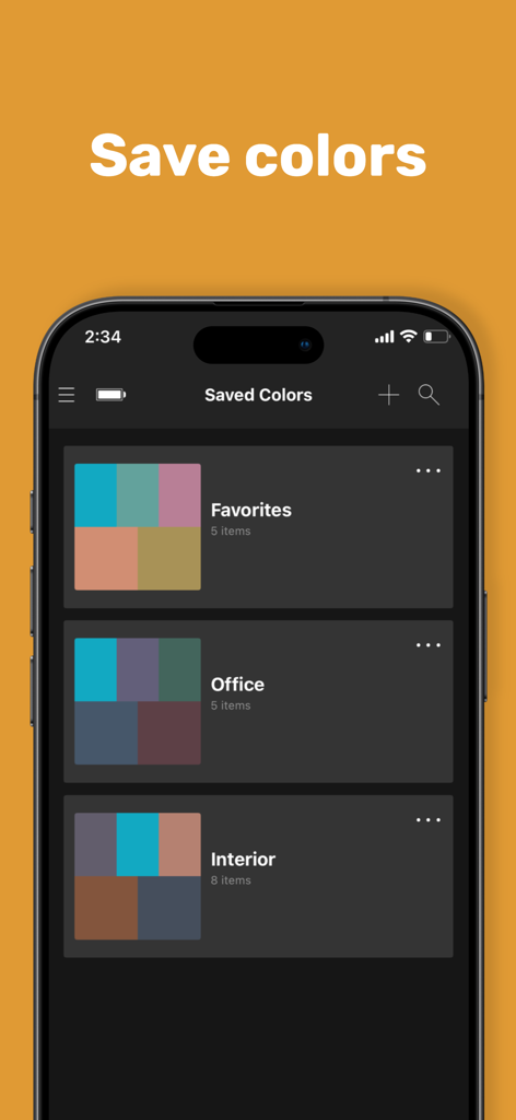 color muse - Écran de l'application Color Muse affichant des palettes de couleurs et des dossiers de projet organisés pour la décoration intérieure.