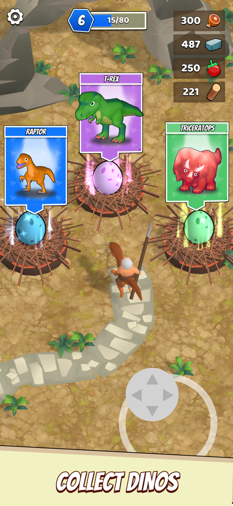 Dino King - Jurassic Hunt - Gameplay screenshot showing a character in Dino King collecting dinosaur eggs for a Raptor, T-Rex, and Triceratops.