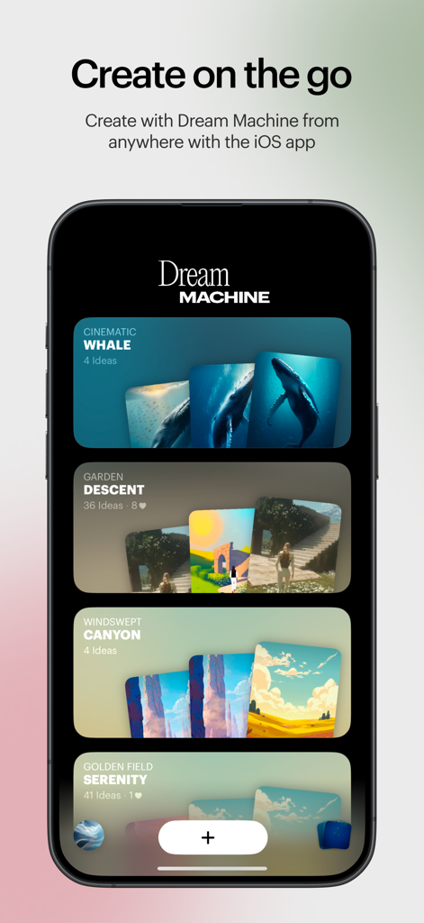 Interfaccia dell'app mobile Luma Dream Machine che mostra bacheche creative di video AI