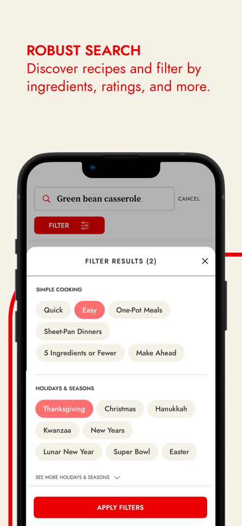 Epicurious app recipe search interface with holiday and simple cooking filters selected