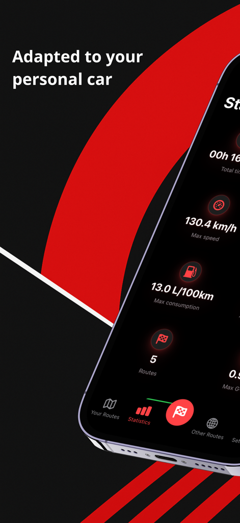 Interfaccia dell'app RaceTrack che mostra statistiche di prestazioni di guida, inclusa la velocità massima e il consumo di carburante