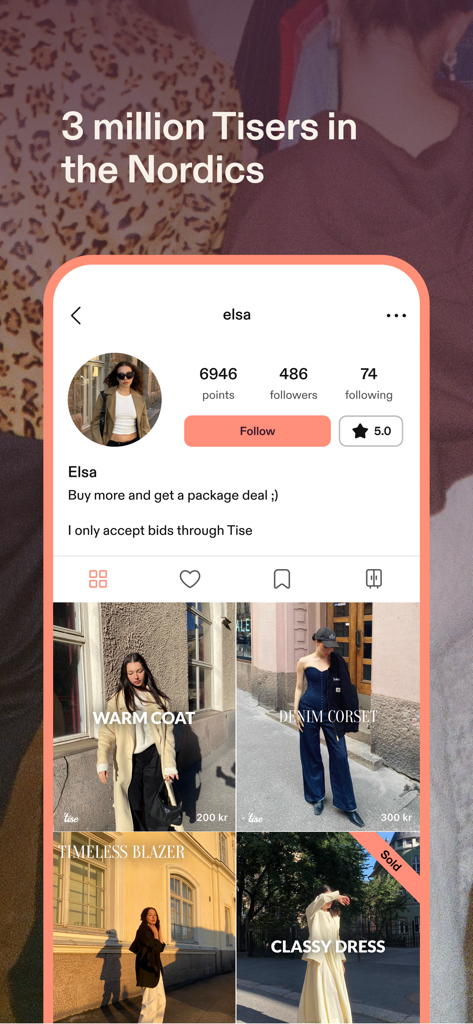 Tise | Reuse fashion - Tiseアプリのインターフェースには、販売中のセカンドハンドファッションアイテムのユーザープロファイルが表示されています
