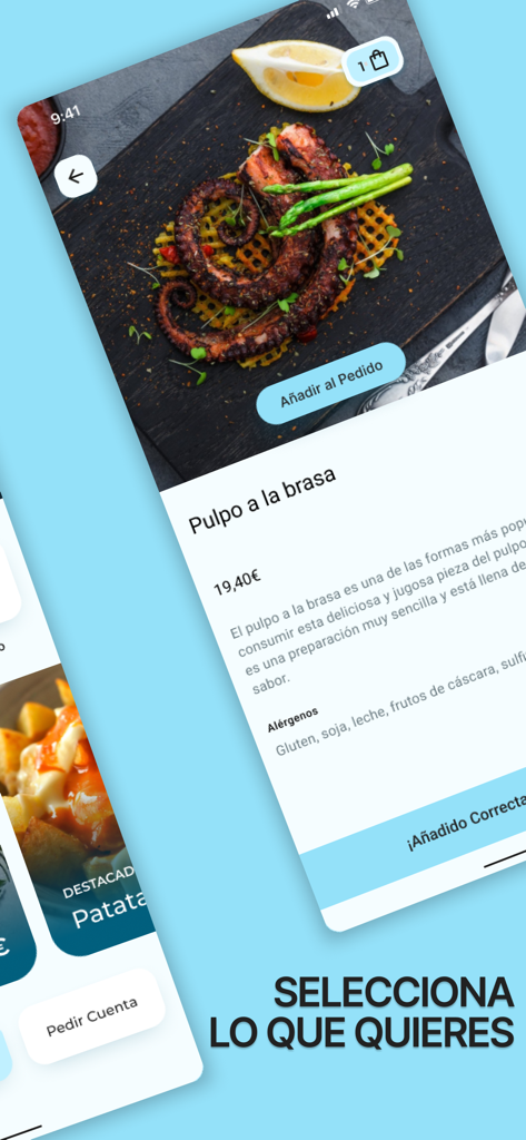 Taula - Interfaccia dell'app Taula che mostra un piatto di polpo alla griglia con l'opzione per aggiungerlo all'ordine