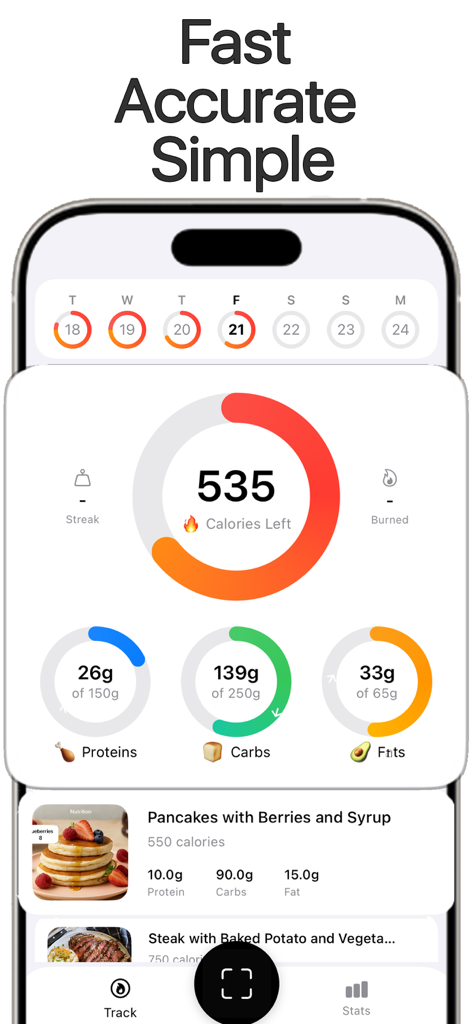 Calorie tracker - Cal Diet ai - Mobile app dashboard displaying daily calorie intake and macro progress for protein carbs and fats