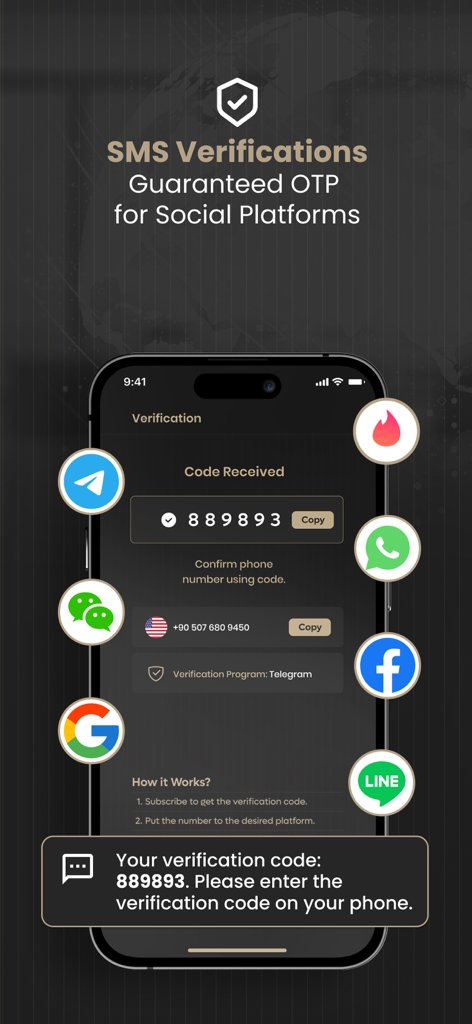 2nd Line+ Second Phone Number - Mobile screen of 2nd Line app showing a received SMS verification code for social media platforms like WhatsApp and Telegram.