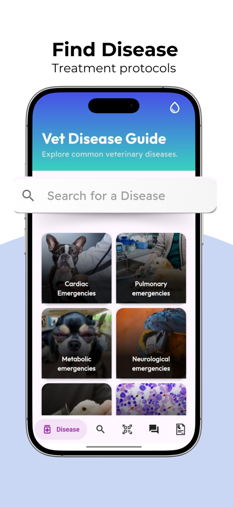 Vetifi - Vetifi app interface showing a guide for veterinary diseases with emergency medical categories and a search bar.