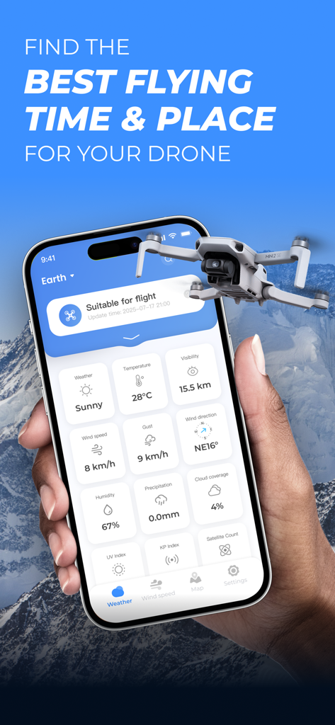 DroneCast: Fly UAV Forecast - DroneCast app interface displaying weather and flight conditions for drone pilots.