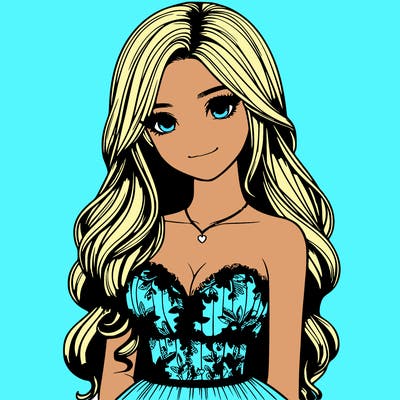 realistic girl with long hair and pretty prom dress