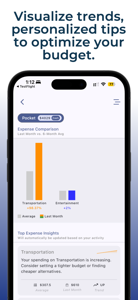 Uma tela de aplicativo móvel mostrando um gráfico de barras de comparação de despesas e dicas financeiras personalizadas.