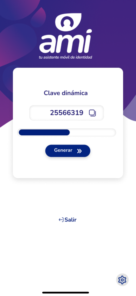 Pantalla de la aplicación móvil Ami Ven que muestra un código de seguridad dinámico generado para la autenticación bancaria