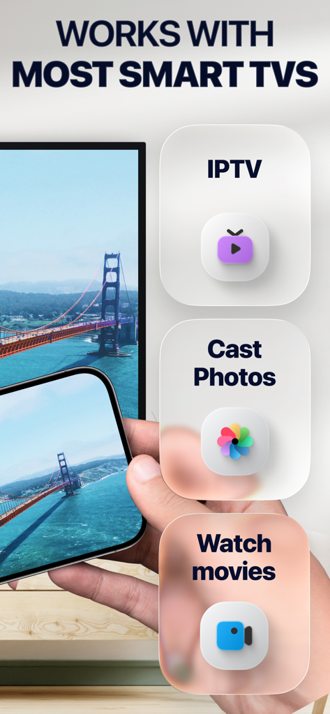 Mobile app screenshot showing an iPhone screen mirroring a bridge to a smart TV with options for IPTV, casting photos, and watching movies.