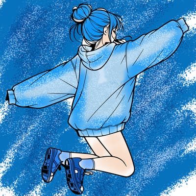 realistic girl jumping with a bun and oversized sweatshirt