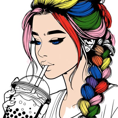 realistic girl drinking boba tea with braided hair