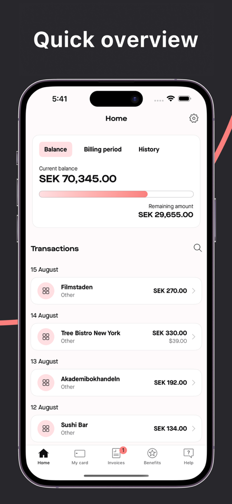 Spendwise - Spendwise app home screen displaying credit card balance and recent transaction history