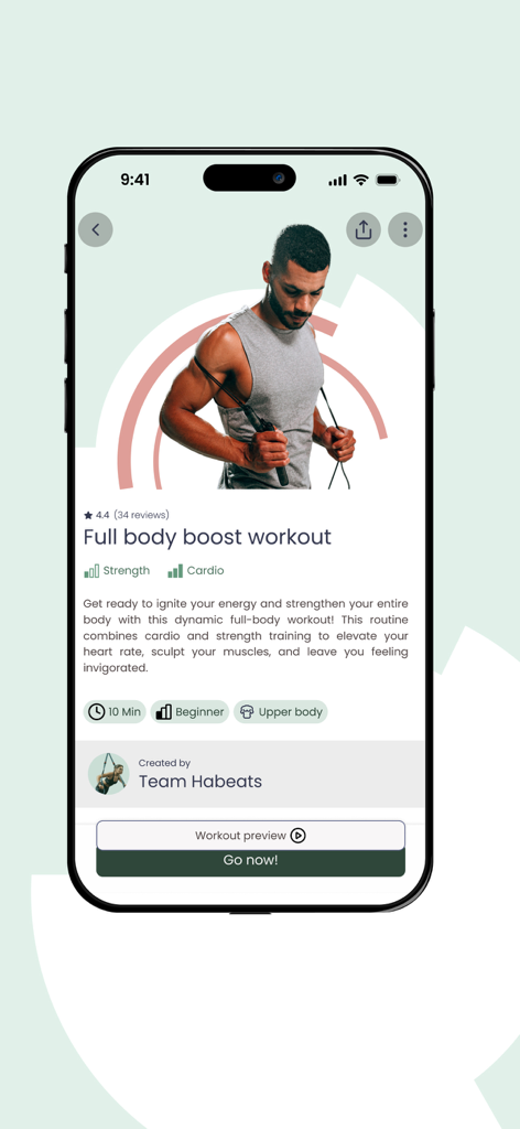 Habeats fitness - Tela do aplicativo Habeats fitness mostrando detalhes para um treino 'Full Body Boost'