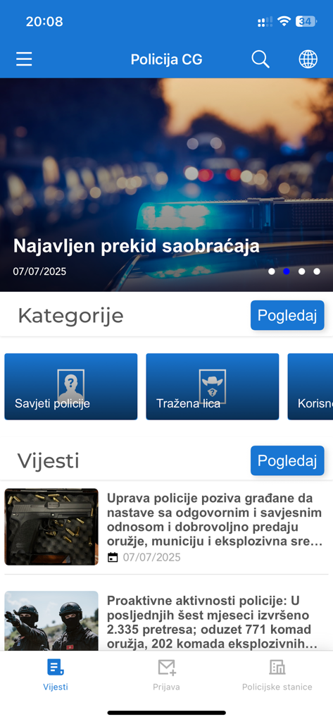 Policija CG - The home screen of the Policija CG app featuring traffic alerts, news categories, and police advice for Montenegro.