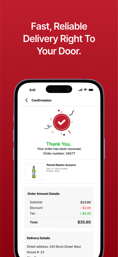 Smartphone screen displaying a successful alcohol delivery order confirmation from the Dial a Bottle app.