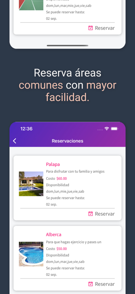 FracX Net - Schermata dell'app mobile FracX Net che mostra opzioni per prenotare aree comuni della comunità come piscine e palapas