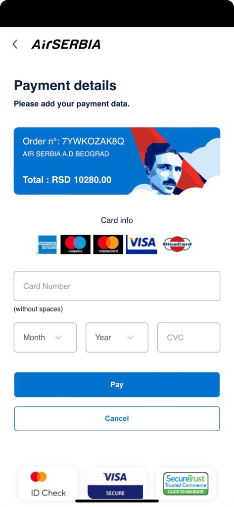 Secure payment details screen in the Air Serbia mobile app for flight booking