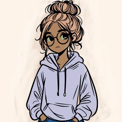 teen girl with a messy bun and glasses wearing a loose hoodie and jeans