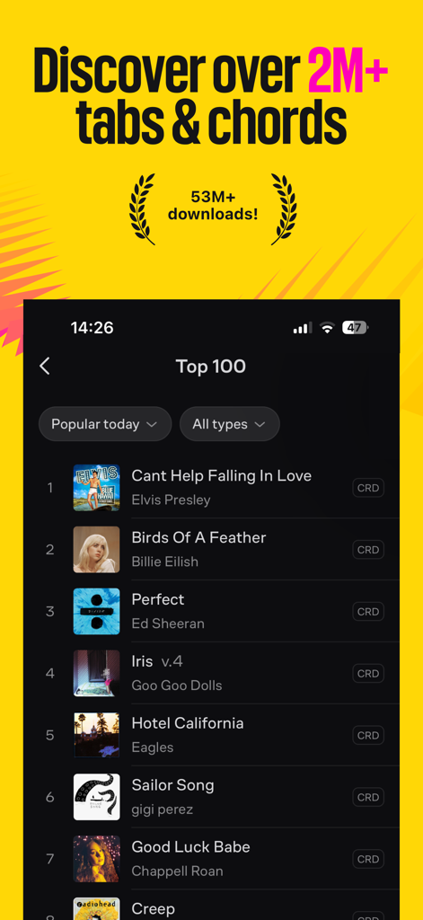 Ultimate Guitar app interface showing the top 100 trending songs with chords and tabs.