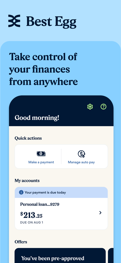 Best Egg app dashboard showing personal loan account and payment options