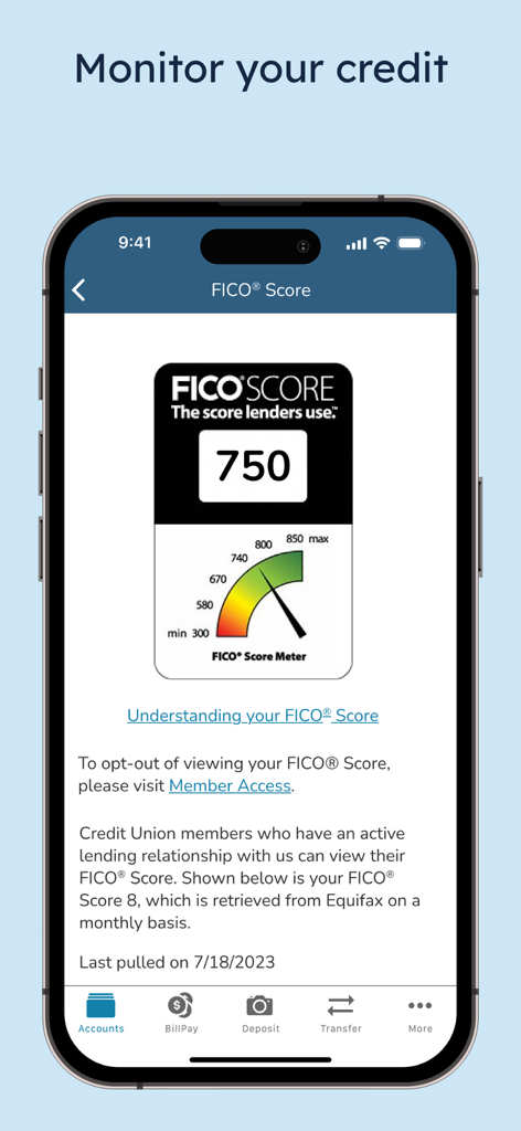 SECU - SECU mobile app displaying a FICO credit score of 750