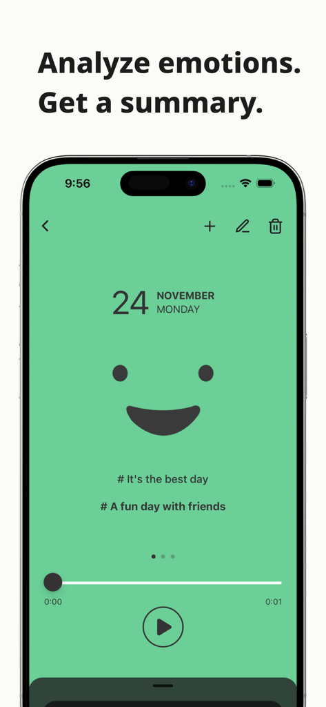 Murmur app daily record screen with a happy emotion icon and summary tags