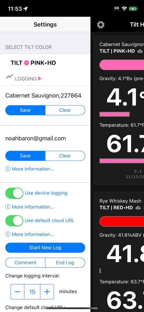 Tilt Hydrometer | TILT 3 - Settings and dashboard view of the Tilt Hydrometer app showing fermentation data for wine and whiskey mash