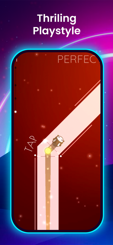 Music Tiles Ball - Piano Game - A character moving along a rhythmic path in the Music Tiles Ball piano game with the text Thrilling Playstyle.