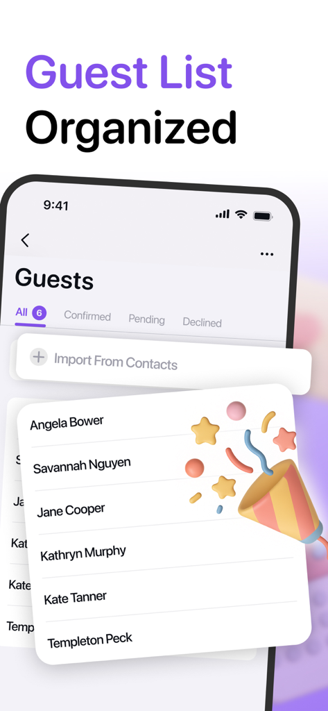 RushDay: Party & Event Planner - Pantalla de la app RushDay que muestra una lista de invitados organizada con categorías para asistentes confirmados y pendientes, y una función de importación de contactos.