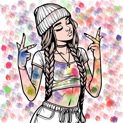 realistic teenage girl with braids and a beanie and crop top doing 🫶🏼