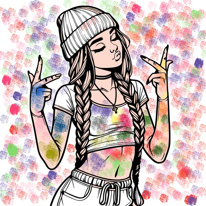 realistic teenage girl with braids and a beanie and crop top doing 🫶🏼