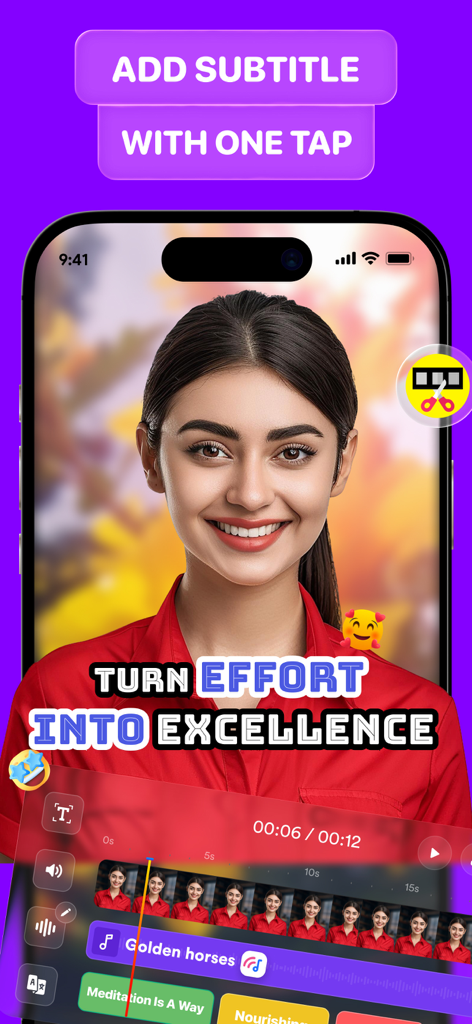 Interfaz de la aplicación móvil VCAP AI mostrando un vídeo siendo editado con subtítulos automatizados y animaciones de texto elegantes en un iPhone.