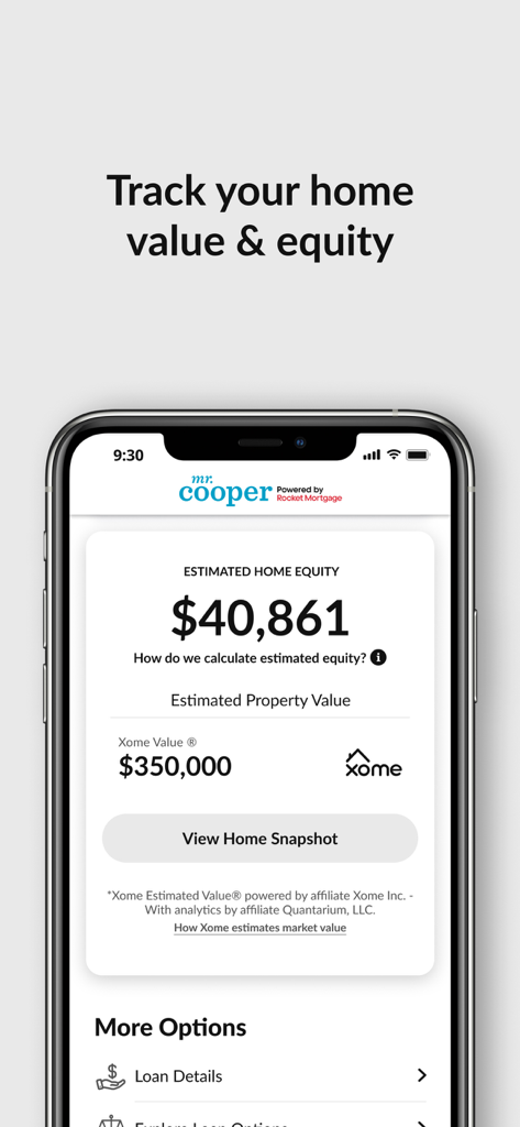 Interface of the Mr. Cooper app showing estimated home equity and property value