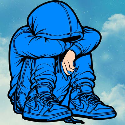 depressed man wearing hoodie and jordan shoes and baggy jeans