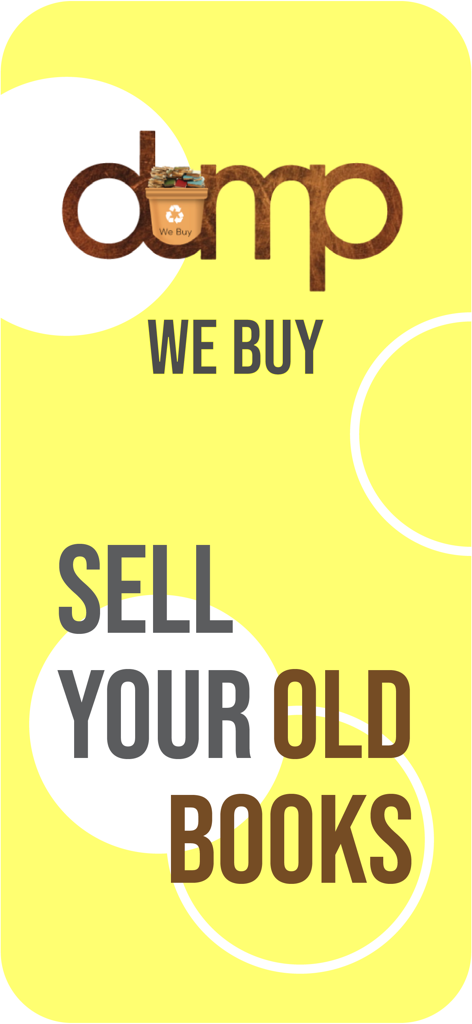 DUMP - Sell Your Books - DUMP app splash screen with text saying sell your old books on a yellow background