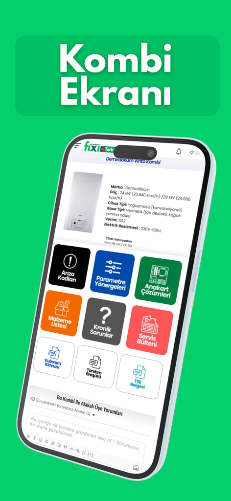 Fixi - Fixiアプリのインターフェイスで、ボイラーの技術仕様、エラーコード、およびサービスマニュアルが表示