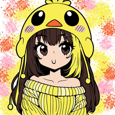 anime girl with chick shaped hat with sweater with bare shoulders with bangs covering them one eye with low tail