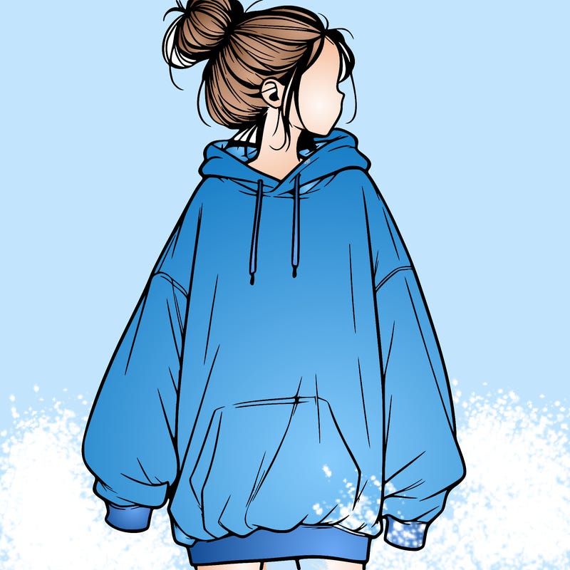 realistic girl with a oversized sweatshirt on and a bun