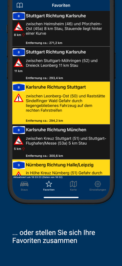 iVerkehr Pro app favorites view showing specific traffic jam alerts and road hazards on German motorways