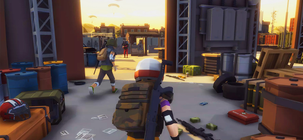 Critical Trigger 3D: Toon PvP - Vista en tercera persona de un juego de disparos estilo toon ambientado en un campo de batalla al atardecer