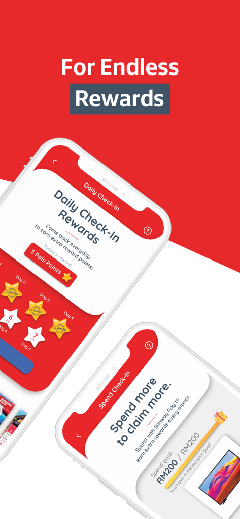 Mobile interface of Sunway Super App showing daily check-in rewards and monthly spending goals to earn points.