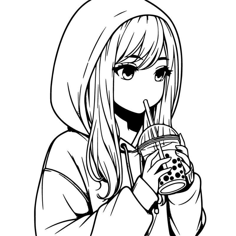 realistic girl in a big hoodie drinking boba